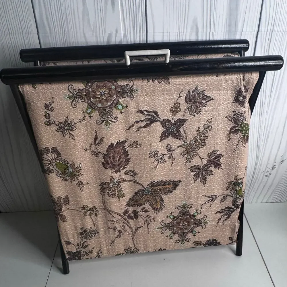 VTG MCM Wood Framed Folding Knit Craft Sew Yarn Basket Floral Design Pink